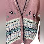 Vintage Fair Isle Knit Cardigan Sweater Pink Embroidered Floral Stars Sz M Size M Photo 6