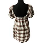 American Eagle  Plaid Smocked Puff-Sleeve Babydoll Short Dress XS Women’s Cream Photo 2