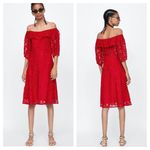 ZARA Red Lace Off Shoulder Midi Dress Medium Puff Sleeve Button Front Photo 1