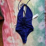 ZARA  Indigo Blue Flower Embellishment Low Cut Halter Top Bodysuit Photo 1