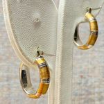 14k Italy Gold Silver Tone Hoop Earrings Textured Stripe Italian Hoop Earrings Photo 3