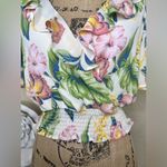 NTM: June & Hudson Ruffled Tropical Print Ivory Crop Top Blouse Size Small White Photo 7