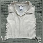 Storia  Cream Ribbed Polo Tank Top with Tie Front Photo 0