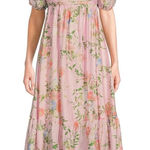 By the‎ River Dress Womens Large Pink Floral Puff Sleeve Tiered Midi Summer Boho Photo 0