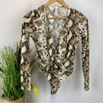 Animal Print Brown Long Sleeve Deep Plunge Bodysuit S Photo 1