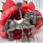 Vintage SPOON Pewter Brooch Pin Adorable Unicorn Carousel Horse 2.5" Gray Photo 0