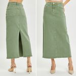 NWT Risen Olive Denim Maxi Skirt Size 1XL High Rise Stretch Midi Long Jean Skirt Green Photo 11