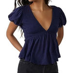 Free People [] Blue Charlotte V-Neck Smocked Open Back Top Puff Sleeves Sz Small Photo 0