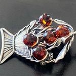 Vintage Sterling Silver Amber Miniature Fruit Basket Pin Brooch Pendant Brown Photo 5