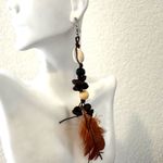 Mexican Coffee Bean shell Extra Long Feather Earrings Photo 9