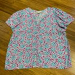 Loft  Womens Floral Print V Neck Short Sleeve Blouse Top Size XL Pink Blue Button Photo 0