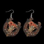 Western bullhead flower pattern wooden drop‎ earrings Brown Photo 7