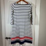 LL Bean Striped Square Neck Mariner Dress 3/4 Sleeve Navy White Red Casual Large Photo 1