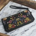 INC international concepts Black Floral Embroidered Wristlet Clutch gold studs Photo 0