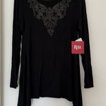 Reba NEW Black Long Sleeve Beaded Top Stretch Soft Tunic Whimsigoth Western NWT Photo 0