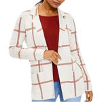 Loft Cream Burnt Orange Plaid Knit Blazer Cardigan Sweater Women Size Medium Photo 0