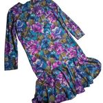 Vtg 1980s Green Purple Floral Felt Drop Waist Ruffle Long Sleeve Midi Dress 10 Photo 0