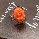 Vintage Floral Carved Ring – 1970s Cabochon, Silver Stainless Adjustable Orange Photo 4