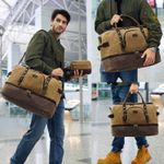  Weekender Bag with Shoe Compartment Large Overnight Bag for Men Canvas Genuine Leather Carry on Luggage Bag Travel Duffel Bag(Brown) Photo 2