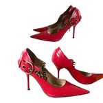 American Vintage RARE 2000'S VTG. RED CHAIN LINK BIG BUCKLE STILETTO HEELS 6 EUC MADE IN BRAZIL Photo 2