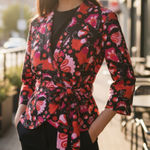 Anni Kuan Floral Printed Signature Tie Waist Blazer XS Black Photo 0