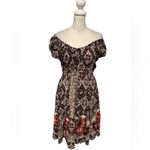 Elegant Brown and Beige Patterned Dress with Red Floral Accents BRAND NEW Size L Photo 2