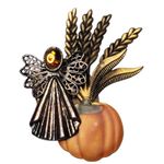 Vintage Fall Harvest Angel Pumpkin Wheat Brooch Amber Glass Cabochon Pin 2.25" Photo 0