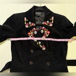 Betsey Johnson  Black Corduroy Lined Belted Embroid Double Breasted Trench Coat Photo 7