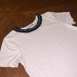 Zara Woman White Pearl Embellished Neckline Crew Neck T Shirt Top Small Photo 4