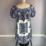 INC purple and blue paisley medallion print silk tunic blouse with puff sleeves Size 10 Photo 3