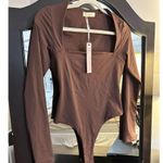 NEW QINSEN Square Neck Bodysuit Long Sleeve Double Lined L Brown Size L Photo 6