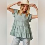 JODIFL  Green Dotted Ruffle Sleeve Tiered Layered Baby Doll Blouse Photo 1