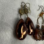 Vintage Boho Copper Amber Glass Teardrop Pierced Spiral Earrings Set Fall Colors Brown Photo 2