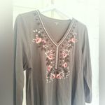 Garnet Hill Embroidered Blouse Olive Green Long Sleeve Top Size Large Photo 2