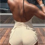 Women’s Solid Pocket Backless Romper Tan Size XL Photo 1