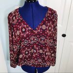 Chloe K Boho Paisley Floral Maroon Red V Neck Long Sleeve Peasant Blouse Size XL Photo 1