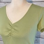 Ann Taylor T-Shirt w Lace Trimmed V Neck Gathered Bust 100% Cotton Green-Medium Photo 1