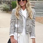 ZARA  CROPPED CHECKED TWEED WEAVE TEXTURE BLAZER ECRU/KHAKI Gray/White XS NEW Photo 0