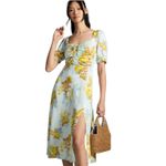 Anthropologie  The Vineyard Floral Satin Midi Dress Blue Yellow Puff Sleeve sz 4 Photo 4