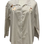 H&J Women's Embroidered Dog Striped Button Down Shirt Long Sleeve Sz XL Pug Pup Photo 0