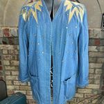 Jean Jacket open front gold shoulders studded bedazzled 1990s Blue Size XL Photo 0