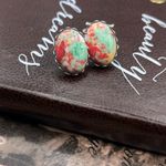 Vintage Mint Green Red Cabochon Earrings Stainless Steel Photo 3