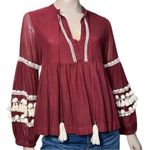 Antropologie Vineet Bahl Size S Burgundy White Nisha Pom Pom Peasant Cotton Top Red Photo 2
