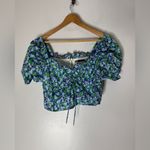 ZARA  Blue Green Floral Cropped‎ Ruffle Short Sleeve Cotton Blouse Large Photo 1