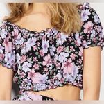 Rewind  juniors sz large short puff sleeve top Floral Black Crop Top square neck Photo 0