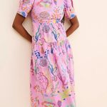 BANJANAN Valeria Midi Dress size Medium Pink Sea Beach Print Puff Sleeves Photo 0