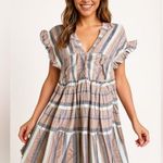 New Lulus double V neck tie back cover up dress dusty orange/blue/white size XS Orange Photo 0