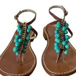 Miss Trish of Capri Turquoise & Gold Beaded Leather Sandals Size 39.5/ US 9.5 Blue Photo 1
