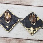 Vintage Clip On Earrings Unusual Gold Tone Cut Out Design Diamond Shape Large Photo 3