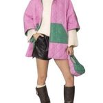 Pink and Green Quilted Zip Up Front Poncho Cape With Hood Size undefined Photo 0